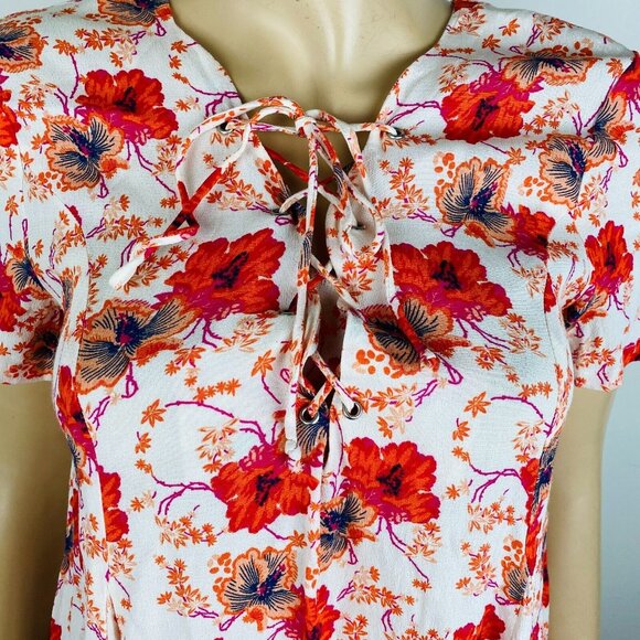 Astr The Label Pink Orange Floral A-Line Women's Size S Lace Up Neckline Dress - Picture 4 of 8